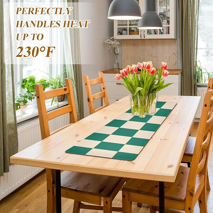 2 in 1 Table Runner Trivet for Hot Pots and Pans Heat Resistant Non Slip Waterproof 39 x 12 Inch Decorative Table Protector for Kitchen Countertop Checkered Emerald Green and Beige