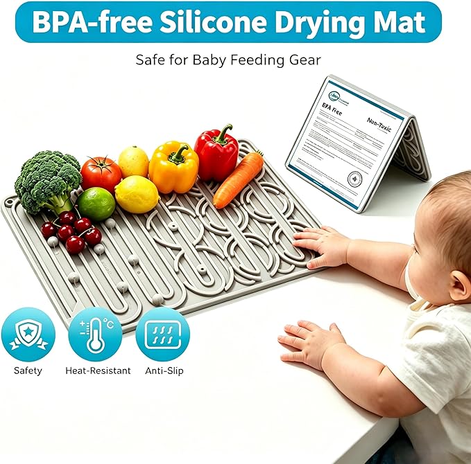 Silicone Baby Bottle Drying Mat, 20 Slots, BPA-Free Non-Toxic, Dishwasher Safe, Foldable Space-Saving Design for Nursery, Kitchen & Travel (Silicone Drying Mat)