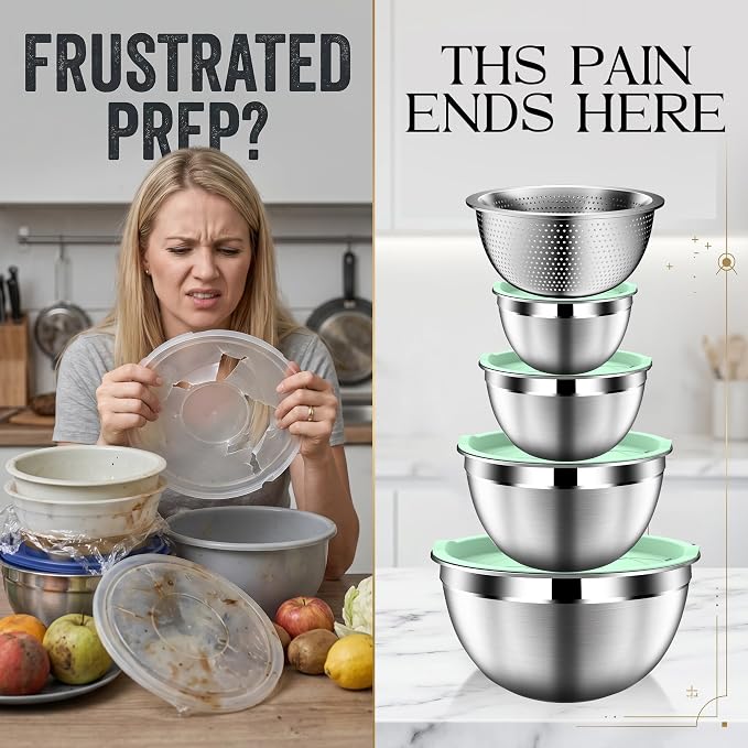 DUTZUN Mixing Bowls with Lids Set, Stainless Steel Mixing Bowl Set with Colander, Strainer with Bowls - Pistachio