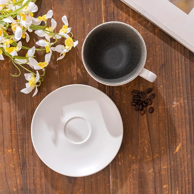 Ceramic Coffee Cup and Saucer Set, 10oz Handcrafted Speckled Latte Cappuccino Mug with Matching Saucer, Matte White Exterior & Black Interior, Espresso Tea Cup for Home Kitchen Cafe Daily Use Gift
