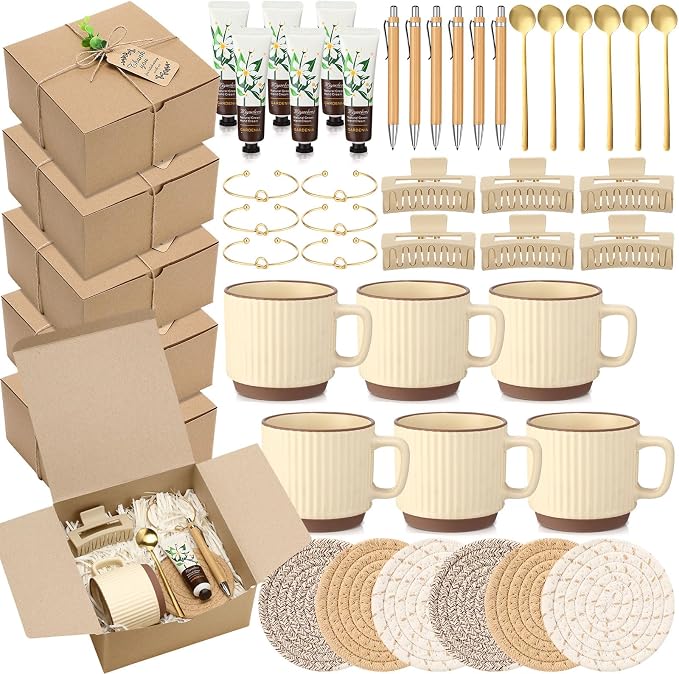 Reallnaive 61 Pcs Baby Shower Prizes for Game Winners Include Ceramic Mug Coaster Hand Cream Pen Spoon Bracelet Hair Clip Card Gift Box with Raffia for Guests Gender Reveal Bridal Shower Party(Beige)