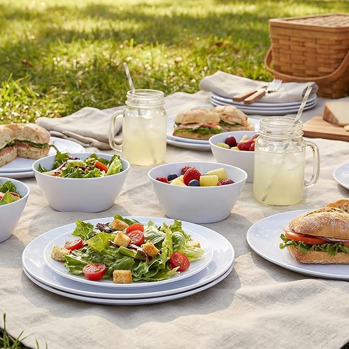 Melamine Dinnerware Set - 12pcs Plates and Bowls for 4,Durable Melamine Dishes Set for Everyday Use, Lightweight & Dishwasher Safe,White