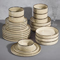E-far 24-Piece Plates and Bowls Sets with Pasta Bowls - Stoneware Dinnerware Set for 6, Modern Ribbed Dishes, Microwave & Dishwasher Safe, Sandy Khaki