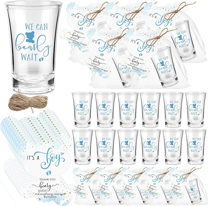 Pickmesh 25 Sets Baby Shower Favor for Guests Include Bear Boy Acrylic Clear Shot Glasses Thank You Cards Organza Bags Babies Shower Gifts for Gender Reveal Party Supplies