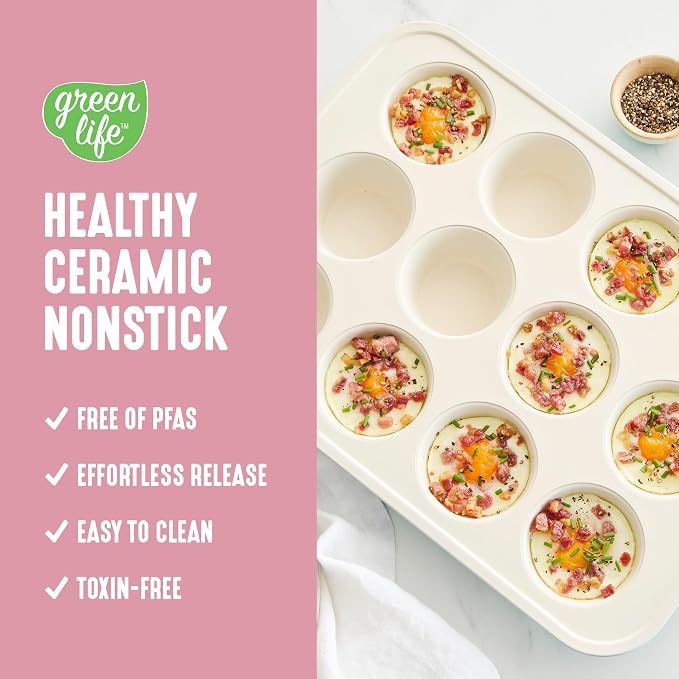 GreenLife 12-Cup Muffin Pan, PFAS-Free Healthy Nonstick Baking Tray, 11.4" x 1.9" x 15.9", Durable Ceramic Bakeware, Cupcakes, Egg Bites, Tarts, Brownies, Pink