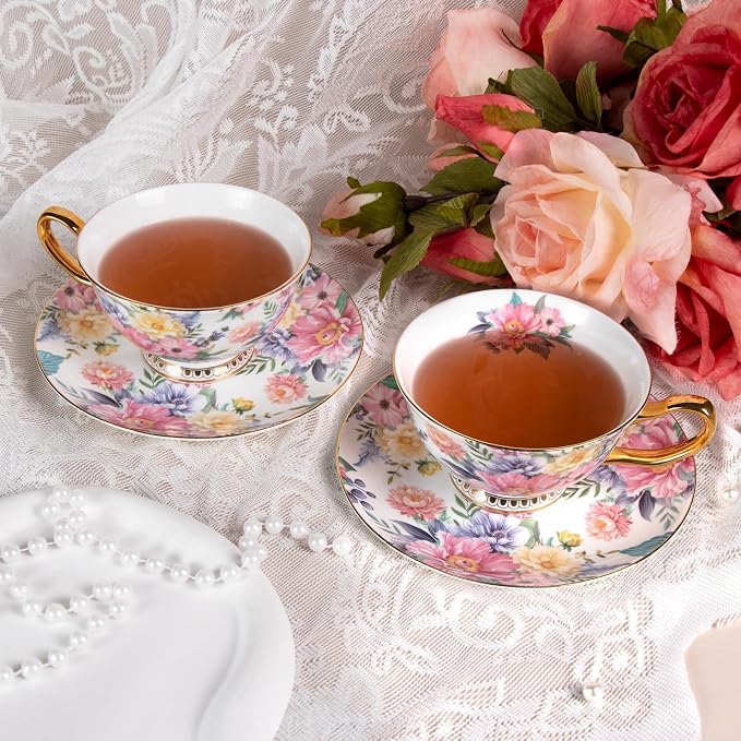 KAMMAK Tea Cups and Saucers Set of 2, Porcelain Coffee Cups, Stackable Espresso Mugs, Ceramic Demitasse for Coffee, Cappuccino, Latte, Americano, Tea, Blooming Flowers