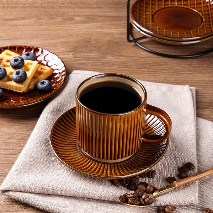 GBhome 6OZ Stackable Coffee Mugs with Stand and Saucer, Ceramic Coffee Mugs Set of 4 with Texture Patterns for Man,Woman,Dad,Mom, Modern Coffee Cups for Latte/Espresso. Dishwasher&Microwave Safe