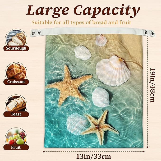 Bread Bags for Homemade Bread- Starfish Shells Beach 2 Pack Linen and Beeswax Sourdough Storage Bags, Reusable Keeper, Keeps Breads Fresh Longer, Gifts for Bakers
