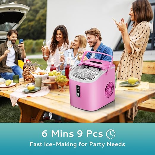 EUHOMY Countertop Ice Maker Machine with Handle, 26.5lbs Per Day, 9 Cubes in 6 Mins, Auto-Cleaning Portable Ice Maker with Basket and Scoop, for Home/Kitchen/Camping/RV (Pink)