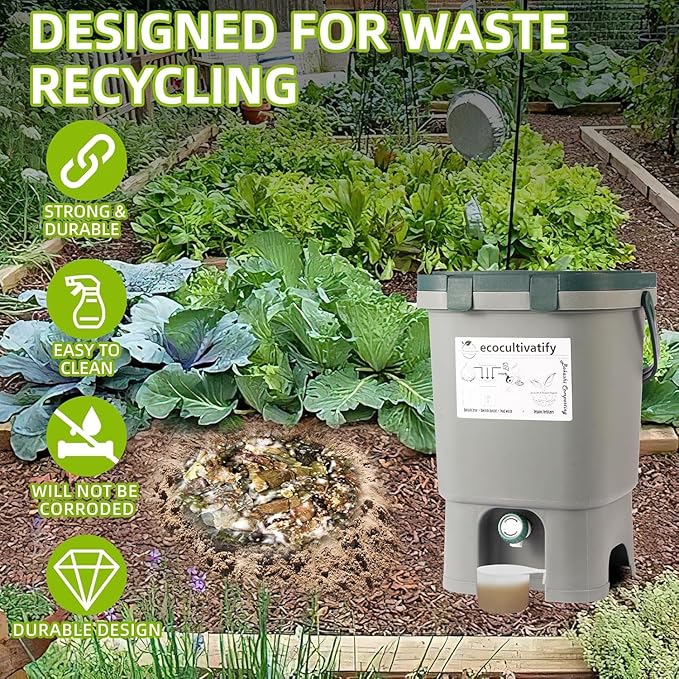 20L Bokashi Compost Bin, 5.28 Gallon Compost Bin for Kitchen Composter with Lid, Bokashi Start Kit with Bran (Tan & Dark Green) (18.8L/5 Gal Grey)