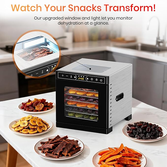 Food Dehydrator Machine, 6 Stainless Steel Trays Fruit Dehydrator with Visible Skylight, 195°F Meat Dehydrator for Jerky, Pet Treats, Herbs, Fruit and Yogurt, Silver