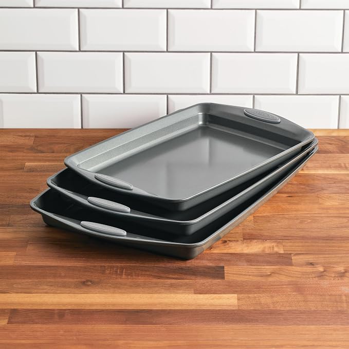Rachael Ray Bakeware Nonstick Cookie Pan Set, Gray with Sea Salt Gray Silicone Grips, 3-Piece