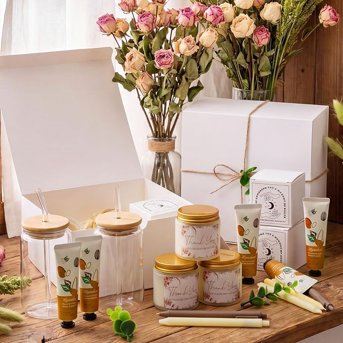Reallnaive 6 Sets Baby Shower Prizes for Game Winners, Baby Shower Favors Glass Cup Scented Candles Hand Cream Pens Gift Box with Raffia for Gender Reveal Wedding Bridal Party Prizes (Beige Brown)