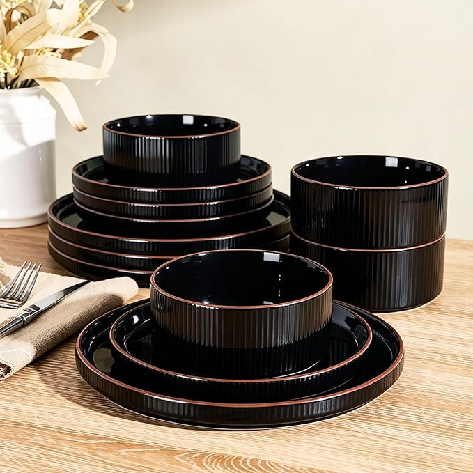 12-Piece Plates and Bowls Set, Porcelain Dinnerware Sets for 4 Service, Modern Dish Set with Rust-Red Rim, Chip and Scratch Resistant, Dishwasher & Microwave Safe, Black