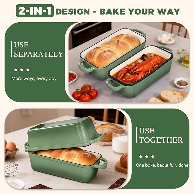 11x5 Inch Cast Iron Bread Pan with Lid, Large Loaf Pans for Sourdough Bread Baking, Even Heat Distribution Dutch Oven Loaf Pan for Homemade Bread, Meatloaf (5.8Qt, Pistachio)