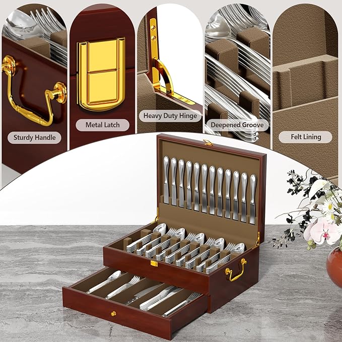 Solid Walnut Silverware Storage Box, 2-Layer Silverware Chest with Drawer, Flatware Case with Lid and Felt Lined, Wood Flatware Storage Box Holds 12-16 Sets of Utensils, Wedding Housewarming Gifts