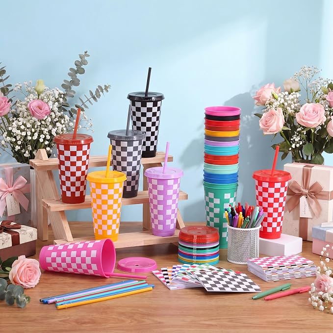 Feifeiya 72 Pcs/ 24 Set Summer Checkered Gifts Bulk 24 oz Checkered Tumbler with Lids and Straws Colorful Pens Notepads Set Plastic Cups Gift for Summer Party Favors Birthday