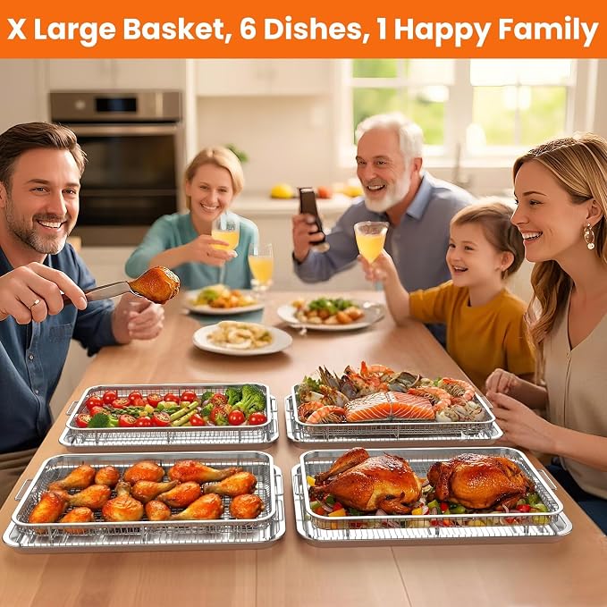 XL Air Fryer Basket & Pans for Oven | Fits 6 lb whole chicken, 18.7"x12.8" 6mm thick steel rack & tray, 30 papers, dishwasher safe ≤150°F, heavy-duty air fry