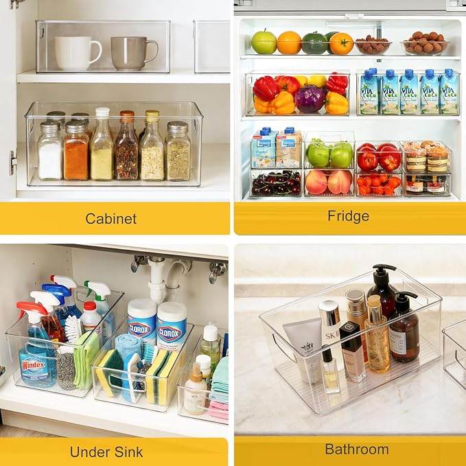 Hudgan 8 Pack Freezer Organizer Bins,Stackable,Clear Bins for Fridge,Pantry | Straight Side, 3 Sizes, 2 XL Storage Container, 3 Large Cabinet Organizer, 3 Medium Storage Drawer