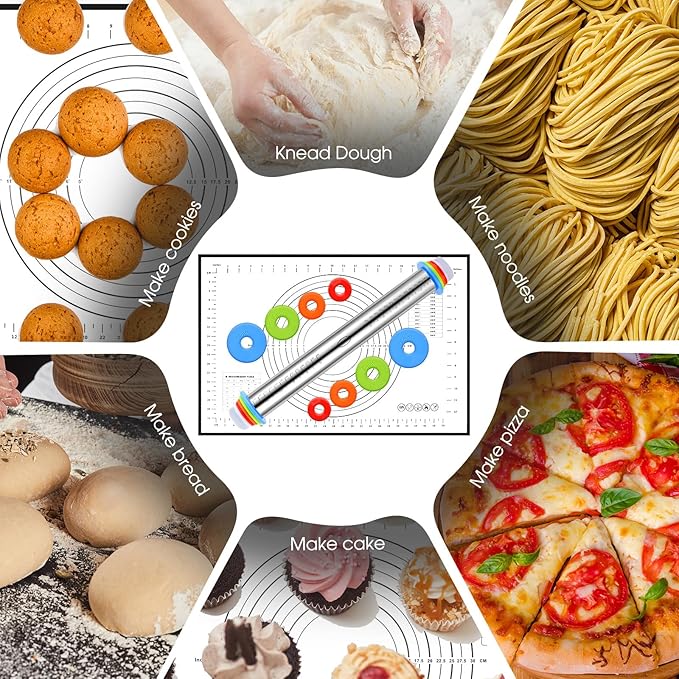 Dandat Rolling Pin with Adjustable Thickness Rings and Silicone Baking Pastry Mat Biscuit Cutter Bench Scraper Stainless Steel Dough Roller Rolling Pins for Baking Cookies Pie Pasta Pastries(Black)