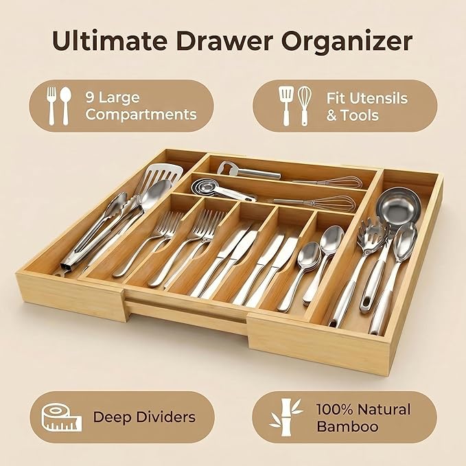 Expandable Bamboo Drawer Organizer Tray for Kitchen Utensils, Adjustable Cutlery Organizer with 7-9 Compartments, 13" to 20" Wide Wood Drawer Divider for Home