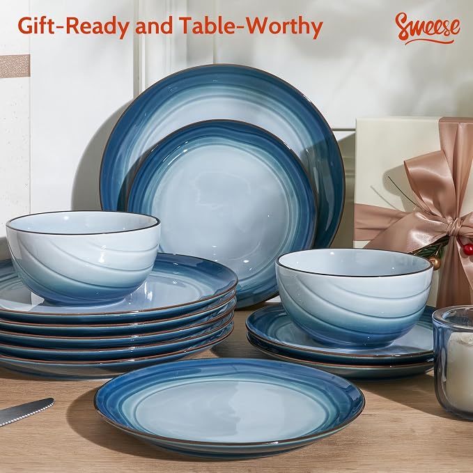 Sweese Porcelain Dinnerware Sets for 6, 18 Pieces Plates and Bowls Sets, Handcrafted Minimalist Dinner Set, Chip and Scratch Resistant Dish Set, Dishwasher & Microwave Safe, Ocean Blue