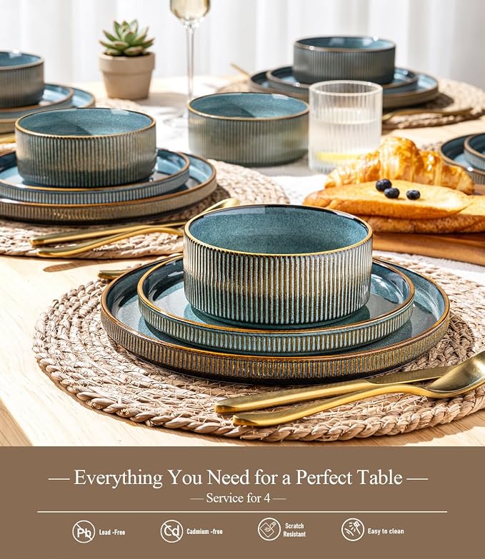 GBHOME 12-Piece Stoneware Dinnerware Set for 4 – Ribbed Ceramic Plates and Bowls, Scratch-Resistant, Microwave & Dishwasher Safe, Reactive Glaze-Space Blue