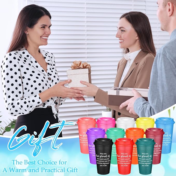 Skylety 24 Pcs Appreciation Tumblers Gifts Bulk 16 oz Thank You Teacher Employee Plastic Coffee Cups with Lids Colorful Reusable Inspirational Tumblers for Coworker Staff Christmas