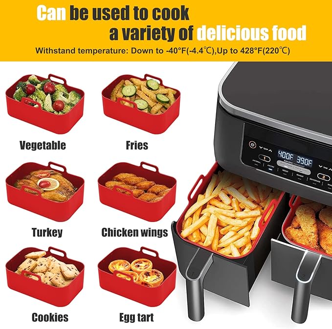 100Pcs Air Fryer Disposable Liners+ 2Pcs Silicone Liners Sets for Ninja DZ201 SL201 DZ090 6-8Qt, Rectangular Air Fryer Inserts Accessories for Chefman/Instant Dual Basket, Parchment Paper Liners+Red