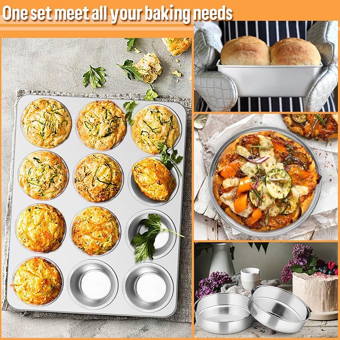 E-far 6-Piece Baking Pans set, Stainless Steel Bakeware Set for Oven, Include 8-Inch Cake Pan/Rectangle Baking Cookie Sheet/Muffin/Loaf Pan, Non-Toxic & Heavy Duty, Dishwasher Safe