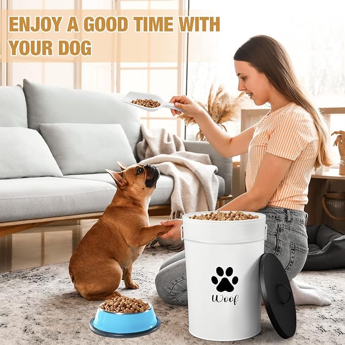 DoubleFill Extra Large 30+30 lb Metal Dog Food Storage Containers Set of 2 Airtight Dog Treat Snack Jars with Lids and Spoon Farm House Style Big Pet Cookie Jar for Kitchen Counter Gift