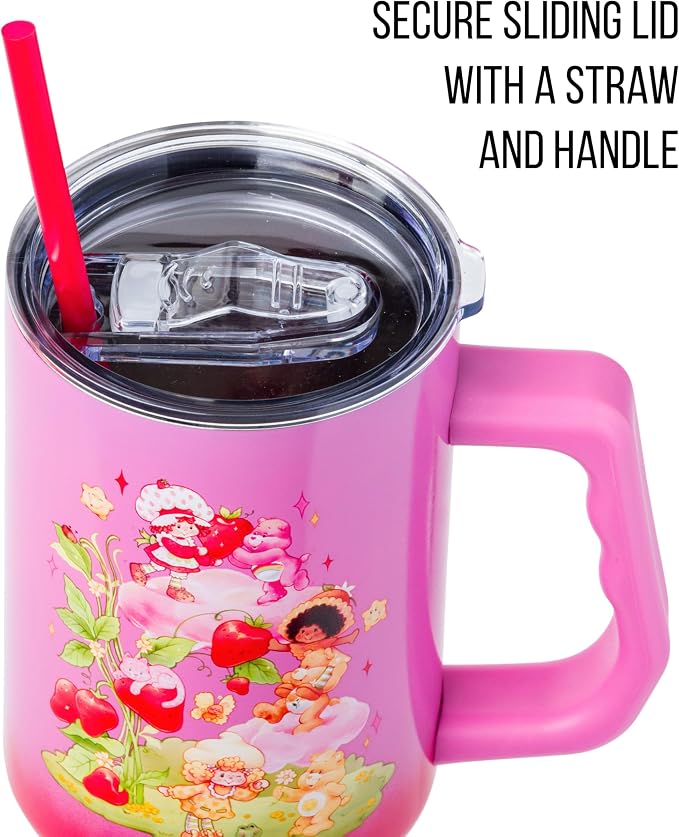 Silver Buffalo Care Bears and Strawberry Shortcake Ombre Double Walled Stainless Steel Tumbler with Handle, Fits in Standard Cup Holder, 40 Ounces