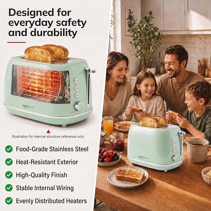 2 Slice Stainless Steel Toaster Retro with 6 Bread Shade Settings, Bagel, Cancel, Defrost Function, Extra Wide Slot, Removable Crumb Tray Green