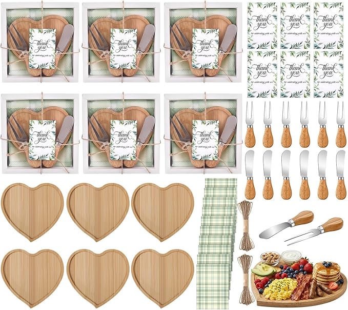LemonRoad 6 Set Bridal Shower Gifts Bamboo Heart Shaped Charcuterie Board with Utensils Kitchen Towels Thank You Tags for Baby Shower Weddings Bridal Birthday Holiday Party Favors Housewarming