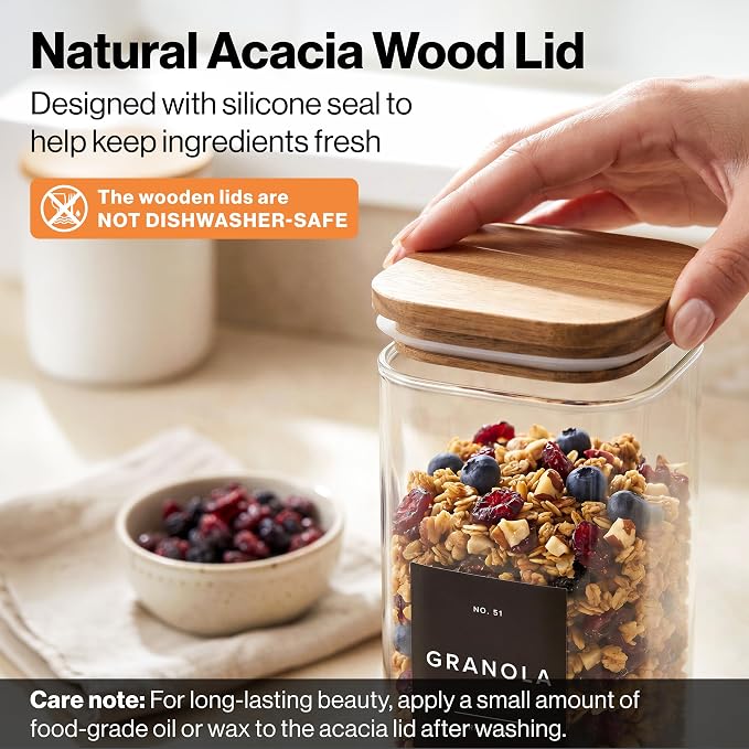 EDELHAUS Glass Storage Containers with Lids - Canister for Pantry Food | Acacia Lids Black Labels Set of 5 - cereal flour sugar rice coffee tea spice pasta noodles dry goods 54 pre-printed labels