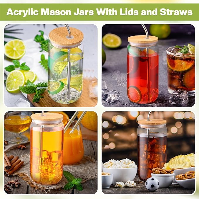16 Pcs Plastic Cups with Lids and Straws Acrylic Mason Jars with Bamboo Lids Mason Jar tumblers with Sticker and Diamond for DIY Decorate Mugs Drinking for Water Beverage Beer (16 oz,Clear)