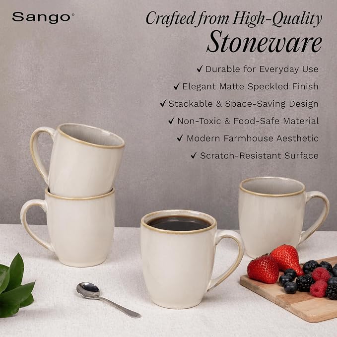SANGO Resona Moss Stoneware Heat Resistant Coffee Mugs, Microwave and Oven Safe, 12 oz, White, 4 Count