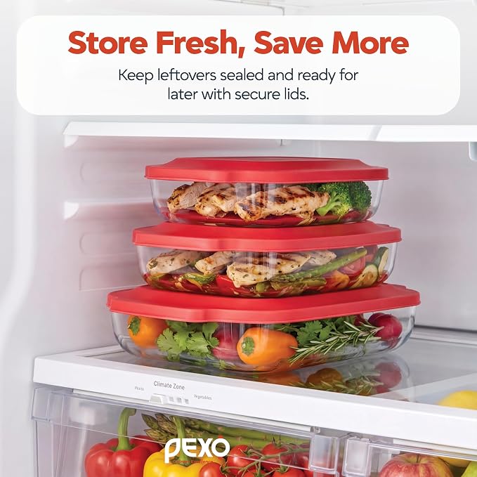 6-Piece Deep Glass Baking Dishes with Plastic Lids, Clear Glass Bakeware with Silicone Handles, (2.11QT, 3QT, 4.12QT) Casserole Dishes, Oven Dishwasher and Freezer safe, Rectangular Stackable Nesting Baking Dish set (Red)