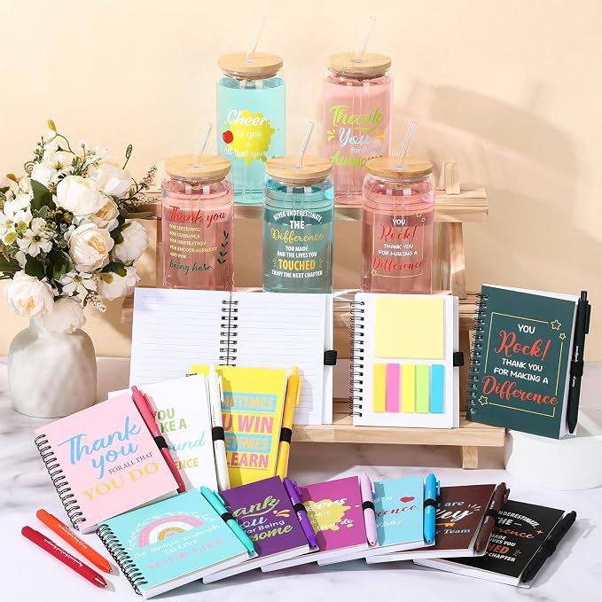 Skylety 12 Set Teachers Appreciation Gifts Bulk Thank You Tumblers with Lid Inspirational Spiral Notebooks Sticky Note Pens for Back to School Female Staff Coworker