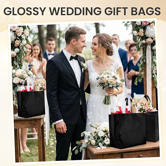 Eccliy Reusable Gift Bags Set Glossy Grocery Gift Tote Bag with Handle for Wedding, Bridal Shower, 4th of July, Summer Event(12 x 11 x 4.7 I Inch,Black,80 Pcs)