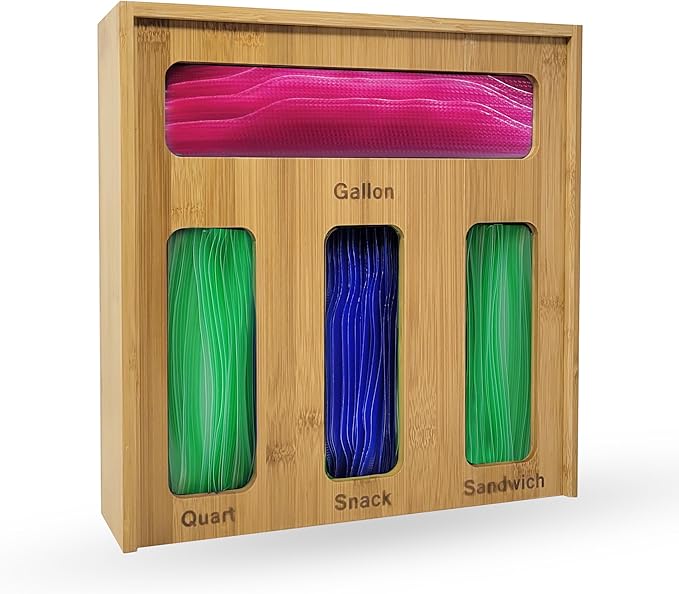 Bamboo Ziplock Storage Organizer for Kitchen Drawer with Sliding Lid – 4 Slot Holder for Gallon, Quart, Snack & Sandwich Bags