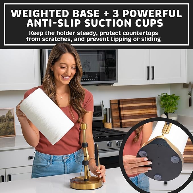 Stainless Steel Tension Arm Paper Towel Holder - Easy One-Handed Operation - This Sturdy Weighted Paper Towel Dispenser Countertop Model Has Suction Cups and Holds All Paper Towel Rolls (Gold)