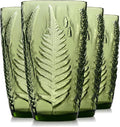 Green Drinking Glasses Set of 4, 16 oz Vintage Hand-Pressed Glass Cups, Fern Textured Highball Tumblers, Antique Style Boho Glassware for Water, Juice, Cocktails & Mocktails, Housewarming Gift Set