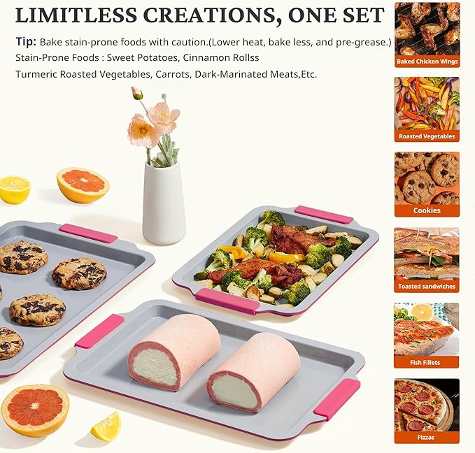BRONYPRO Non Stick Ceramic Baking Sheet Pan Set of 3, Non Toxic Cookie Sheets (PFAS/PFOA/PTFE Free), Aluminized Steel Oven Trays with Silicone Handles, Rust-Resistant, Warp-Resistant to 500°F, Rose