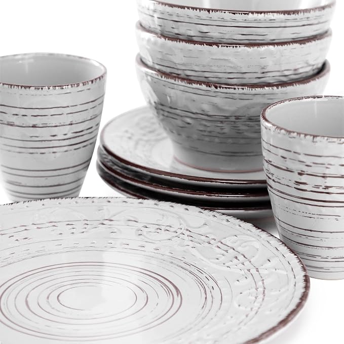 Elama Malibu Calcite 16-Piece Stoneware Embossed Pattern Reactive Glaze Light Gray Dinnerware Set, Tableware, Serveware Set (Calcite Gray)