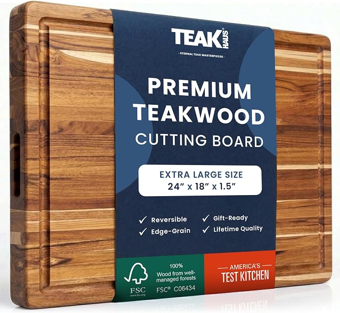 Teakhaus Carving Board with Juice Groove - Extra Large (XL) Teak Wood Cutting Board 24”L x 18”W x 1.5” Thick - Sustainably Harvested & FSC Certified - Knife Friendly with Beeswax Oil Finish