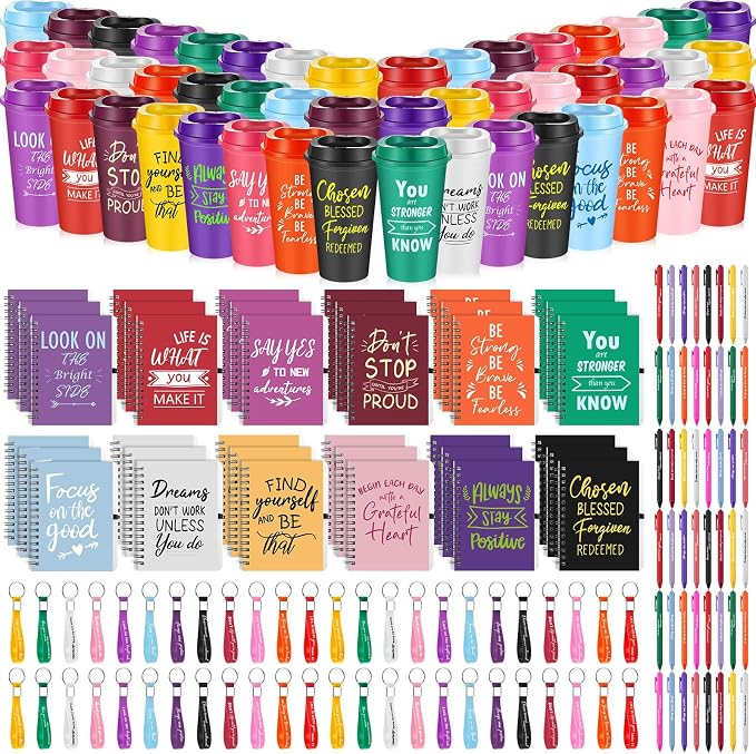 Skylety 48 Sets/192 Pcs Employee Appreciation Gift Baskets Bulk 16oz Inspirational Coffee Cup with Spiral Notebook, Pen & Keychain, Thank You Gifts for Staff, Teacher,Coworker, Team (Classic Color)