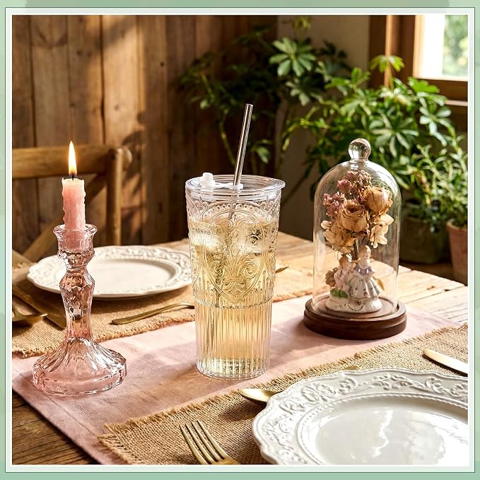 4 Set 20oz Vintage Plastic Tumbler with Lids and Straws Ribbed Floral Drinking Glasses Reusable Iced Coffee Cups for Water Juice Smoothie Cocktail Travel Party Events Gift (Clear)