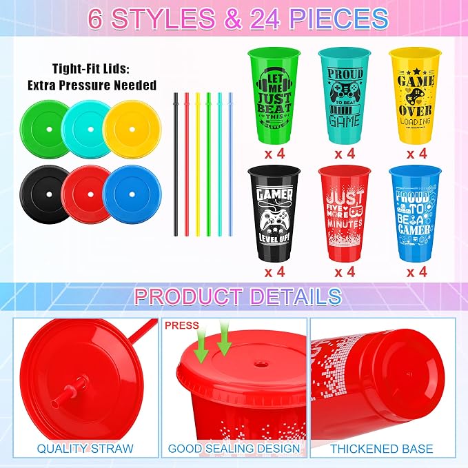 Kochorie 24 Pieces Video Game Plastic Cups 24 Ounces Gaming Party Cups with Lids and Straws Mixed Colors Video Game Tumbler Cups for Birthday Party Video Game Party Supplies Tableware