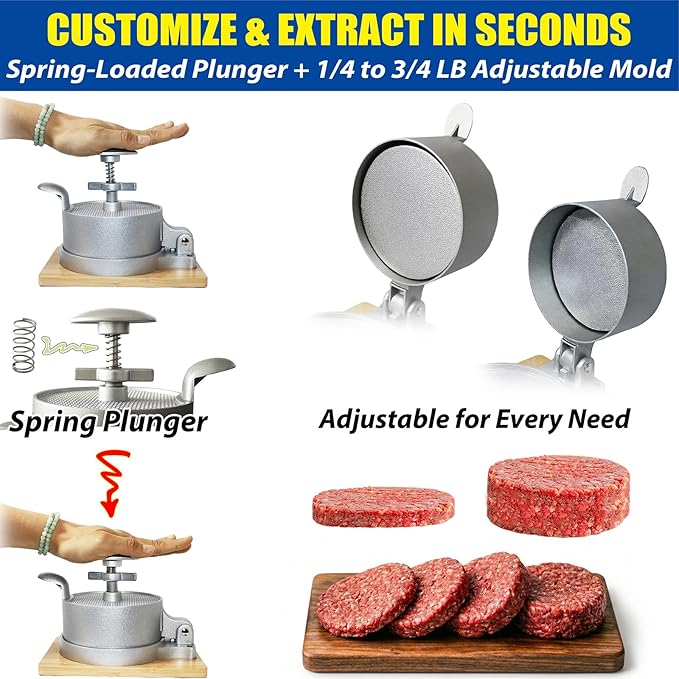 Heavy Duty Hamburger Press Patty Maker, Adjustable 1/4 to 3/4 lb Meat Mold, Detachable Spring Plunger with Bamboo Base, Shape Perfect Burgers in 1-Sec for Daily Meals & BBQ
